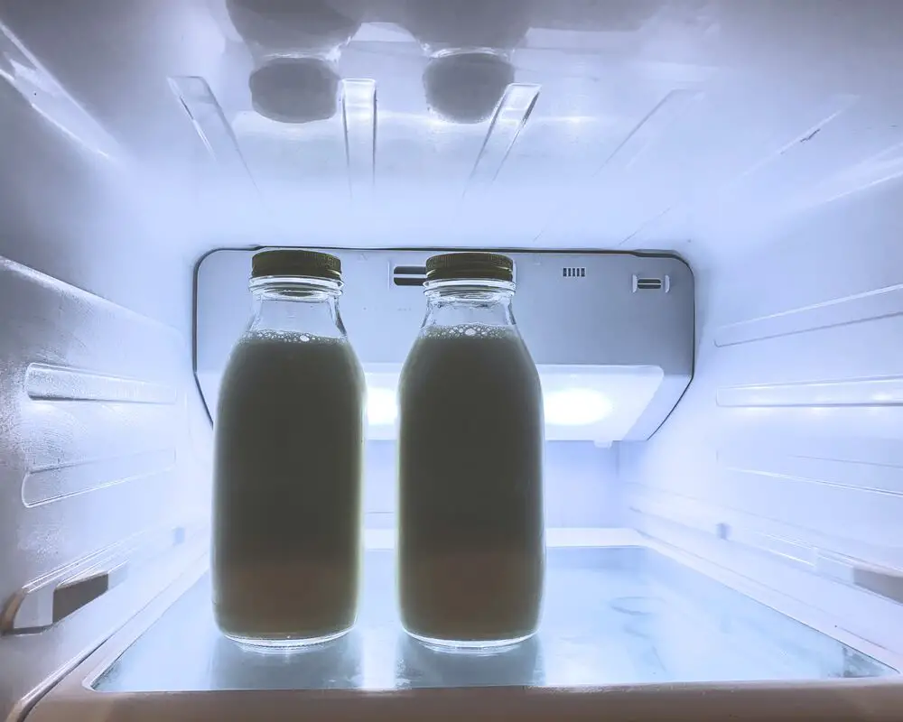 Imagem de duas garrafas de leite armazenadas na geladeira.