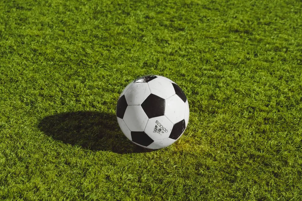 Imagem de uma bola de futebol no meio do campo. Foto para representar ideias de frases com tema de futebol.