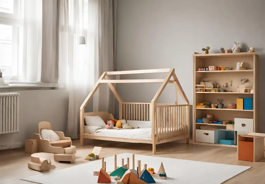 Imagem de um quarto montessoriano, com cama, desenho e estantes.