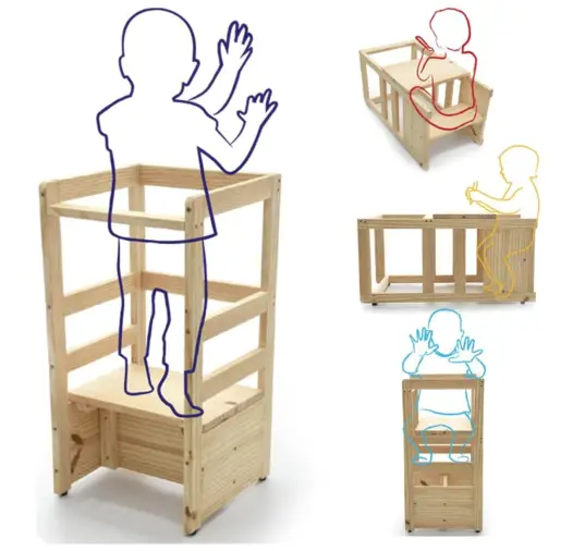 imagem com as 3 formas de se utilizar a torre de aprendizagem, uma das opções de brinquedos montessorianos.