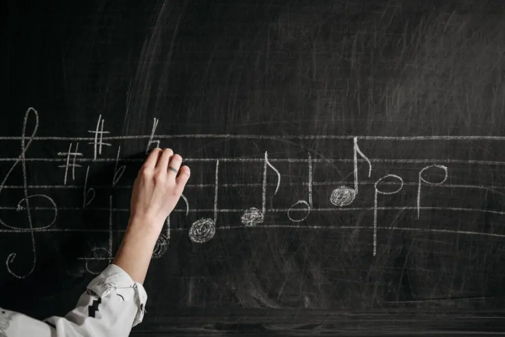pessoa escrevendo na lousa uma partitura musical, para ilustrar o tema das frases de gravidez para status com letras de músicas.