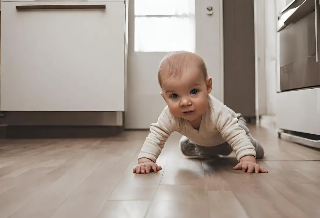 bebe engatinhando em chão com piso de madeira, de cor clara para ilustrar post sobre saltos de desenvolvimento
