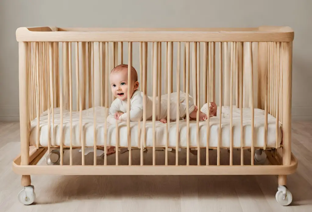 bebe deitado de bruços no berço de madeira clara, para ilustrar os saltos de desenvolvimento do bebê
