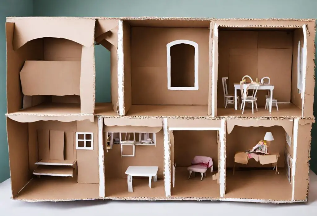 casa de boneca feita em papelão, exemplo de brinquedos recicláveis