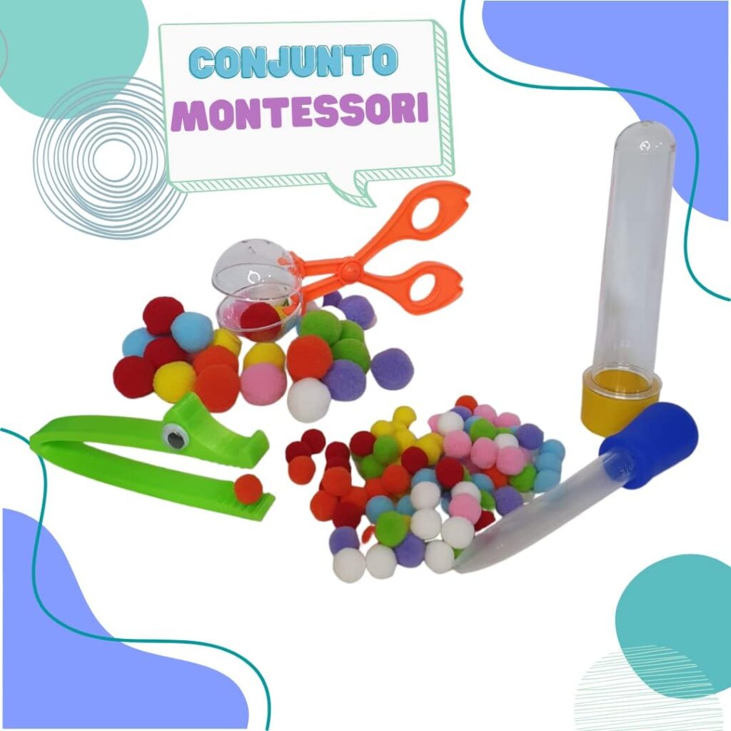 kit montessori, com pinça em formato jacaré, tesoura bola, conta gotas, mini pompons