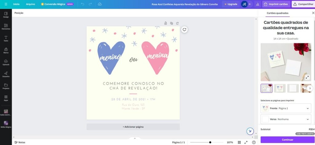 invite created at Canva, for a gender reveal party on a budget