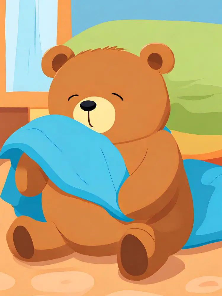 brown bear holding a blue blanket, short bedtime story
