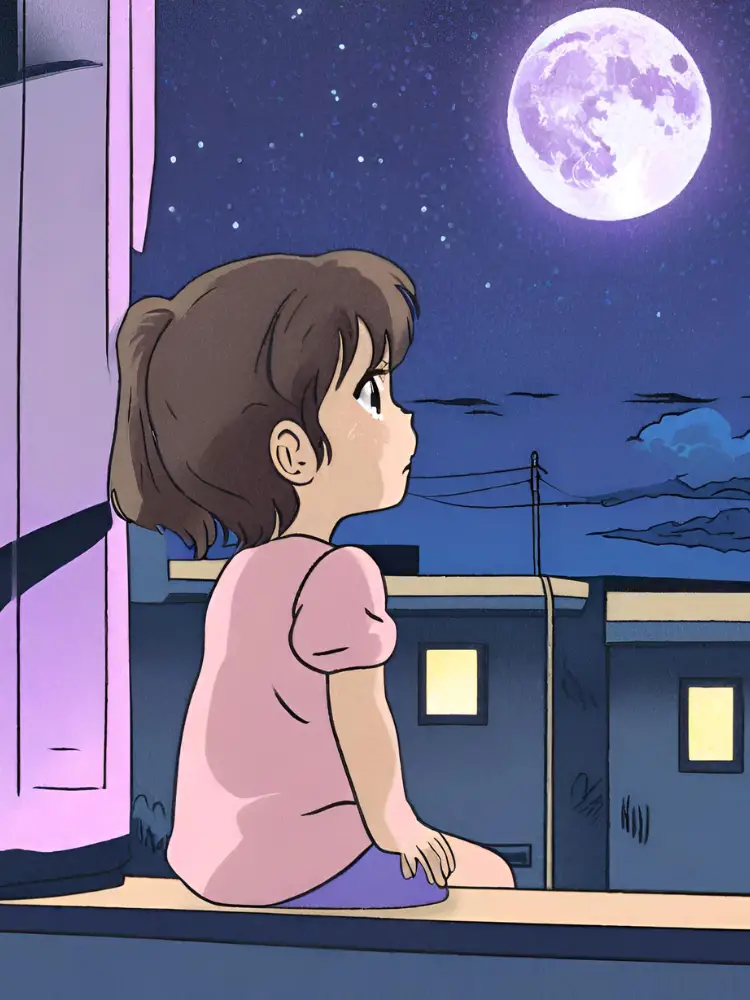 wide-awake girl, manga style, looking at the full moon, sitting by her window., short bedtime story