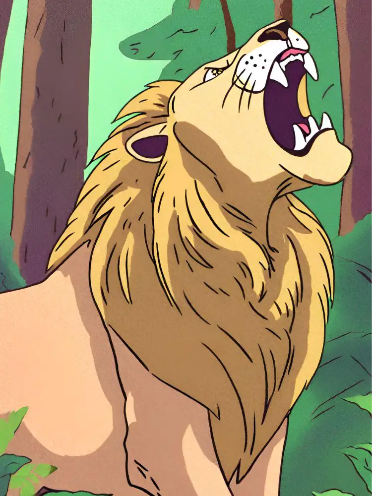 big roaring lion with an open mouth, short bedtime story