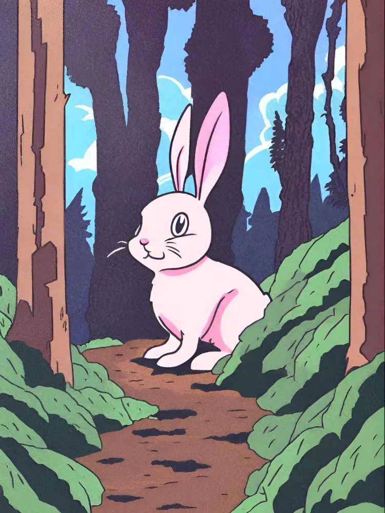 cartoonish image of a rabbit in the middle of the forest.