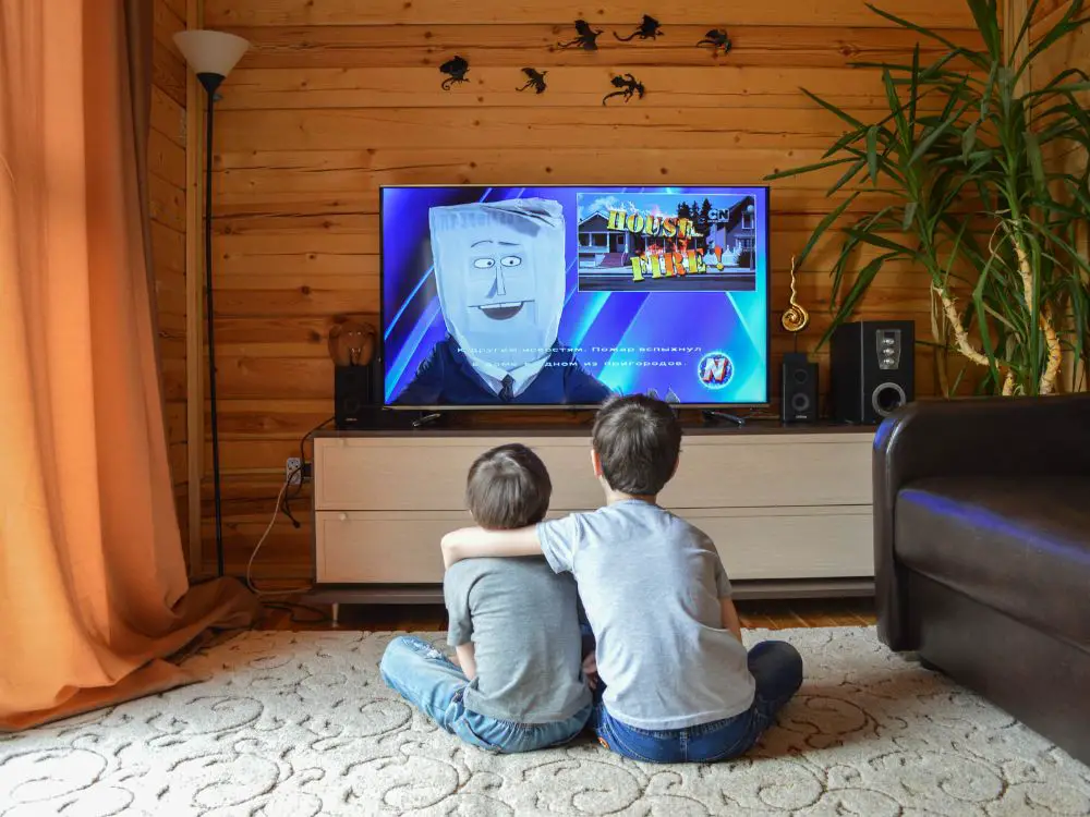 dois meninos sentados na sala, assistindo a um desenho. Desenhos Educativos netflix