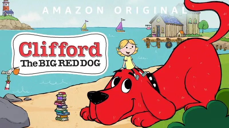 um cachorro grande vermelho e uma menina em cima da cabeça dele.