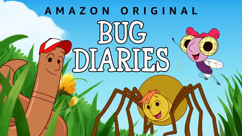 Desenhos de baixo estímulo na Amazon Prime: insetos com rosto humanizado, em meio a um cenário com grama verde alta e flores, céu azul. 