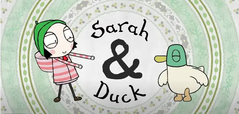 desenhos de baixo estimulo no youtube: uma menina de touca verde e blusa listrada e um pato, em frente a um fundo em tons pasteis.