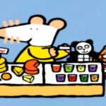 um ratinho, sentado a mesa cheia de comida, com um ursinho panda ao lado, e um carrinho de compras cheio de produtos, fundo azul, banner do post desenhos de baixo estimulo no youtube.