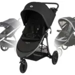 Três opções e carrinho de bebê com 3 rodas, nas cores pretas, destacando o carrinho ao centro.
