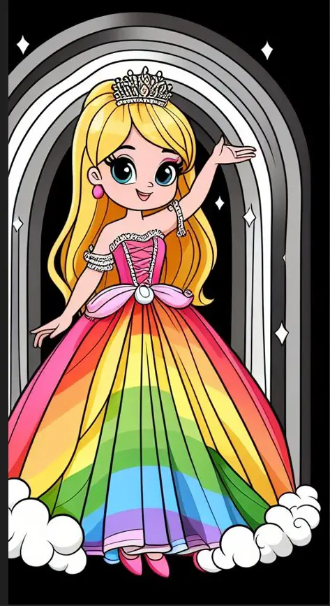 Blonde princess, crown, colorful dress, black and white background, short princess stories for kids.