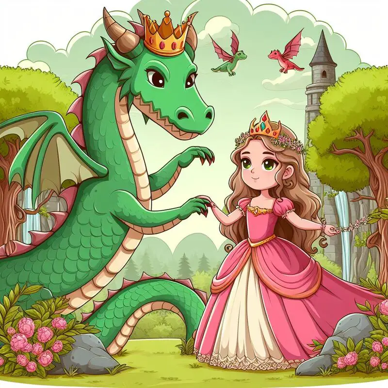 A dragon, wearing a crown, holding hands with a princess in a pink dress and crown. Background of a kingdom with small dragons flying and a castle. Short princess stories for kids.