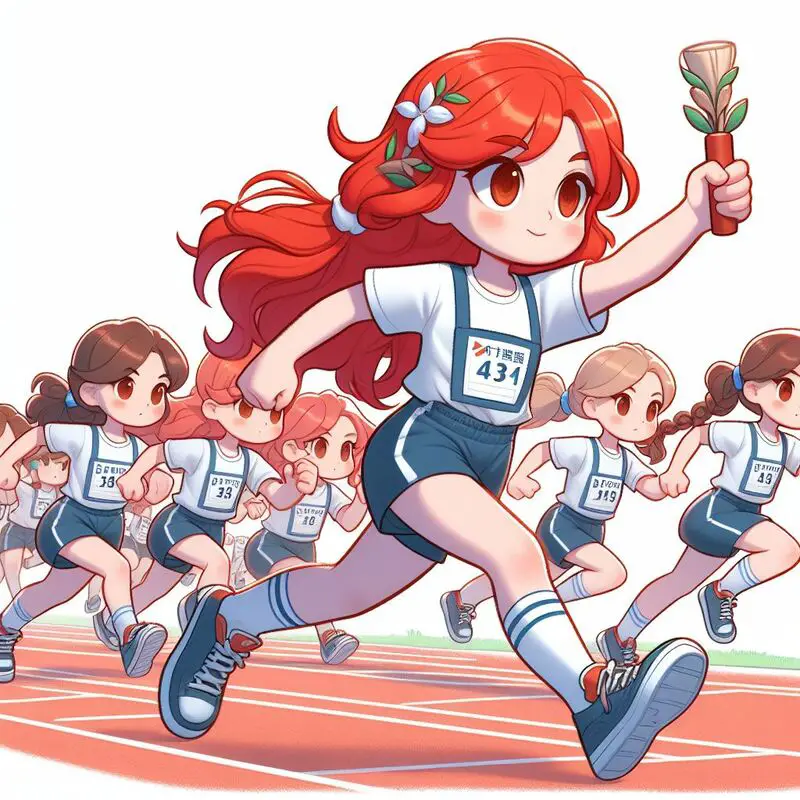 Red-haired girl participating in a relay race, wearing sports attire.