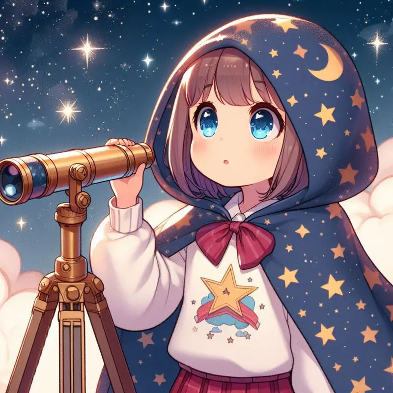 Asian girl, wearing a blue cape with golden stars, white hoodie, looking through a telescope at a starry sky.