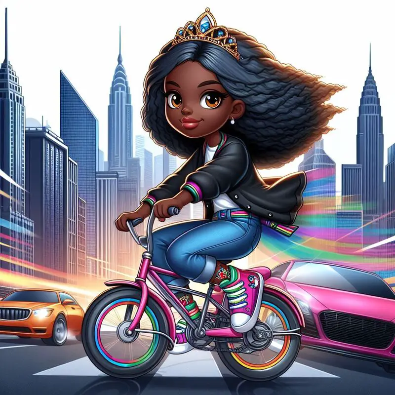 
Black princess, wearing a crown, jeans, colorful sneakers, and a modern black jacket, in a city with tall buildings and fast cars.